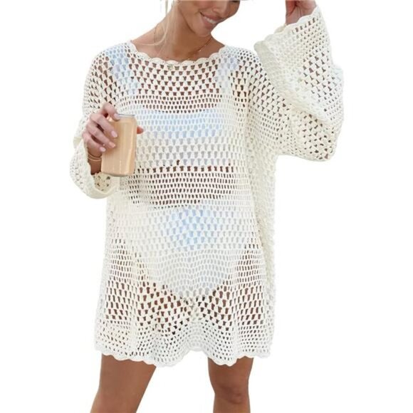 Women's Crochet Bikini Cover Up Mesh Knit Beach Dress Swimwear Mini Dress